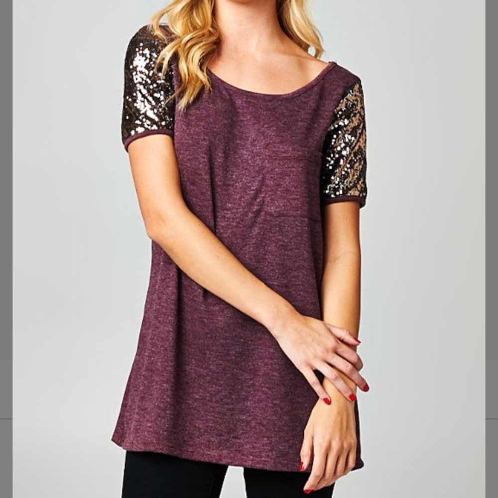 42pops heather purple top w/ sequin sleeves sz lrg